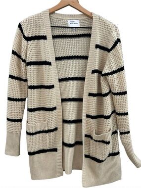 Pink Rose Knit Beige and Black Striped Open-Front Cardigan